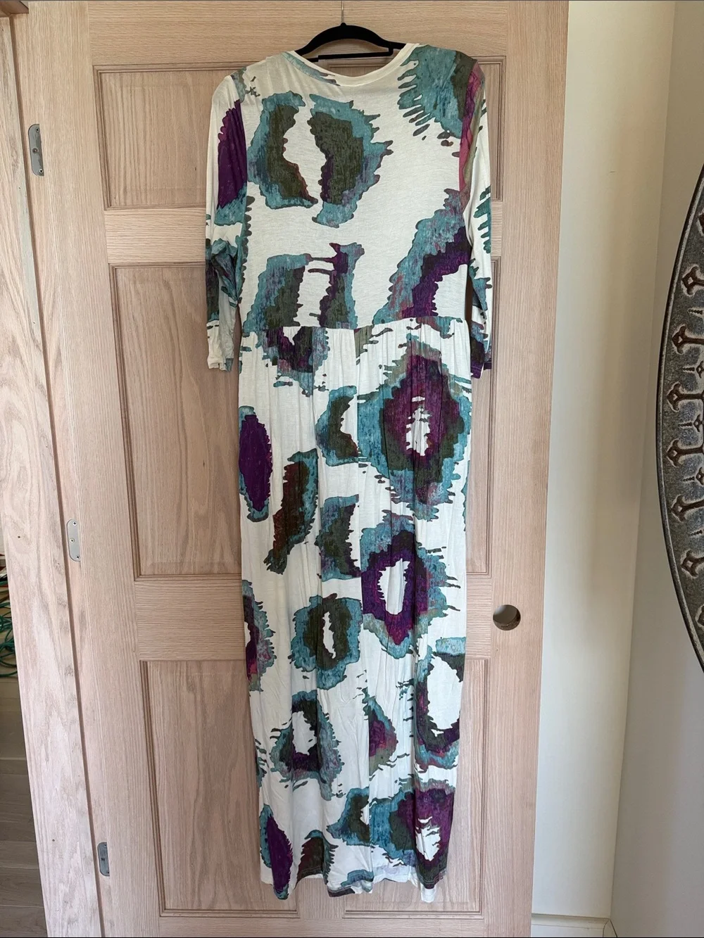 Women's Long Sleeve Maxi Dress in Cream with Teal & Purple Print